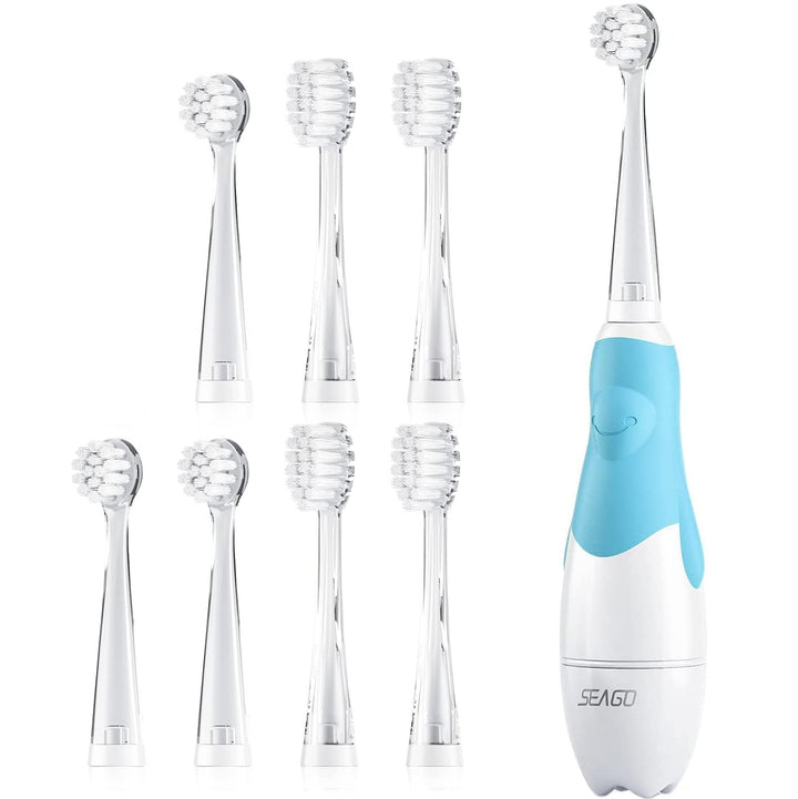 Dětský sonický zubní kartáček SEAGO, barva modrá, 1xAA 1,5V (není součástí balení), 4 hroty, SG-513 Blue + Sada náhradních kartáčků pro SG-513, SG-977 SEAGO, 4 ks, barva transparentní, SG-513 Refill