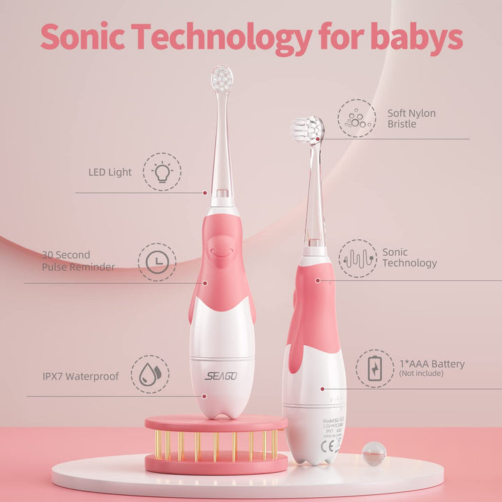 SEAGO dětský sonický zubní kartáček, růžový, 4 hroty,SG-513 Růžový + SEAGO dětský sonický zubní kartáček, modrý, 4 hroty,SG-513