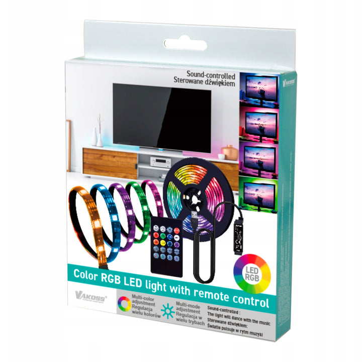 Vakoss RGB LED pásek, pro osvětlení TV, ovládání zvukem, dálkové ovládání, LA-C612
