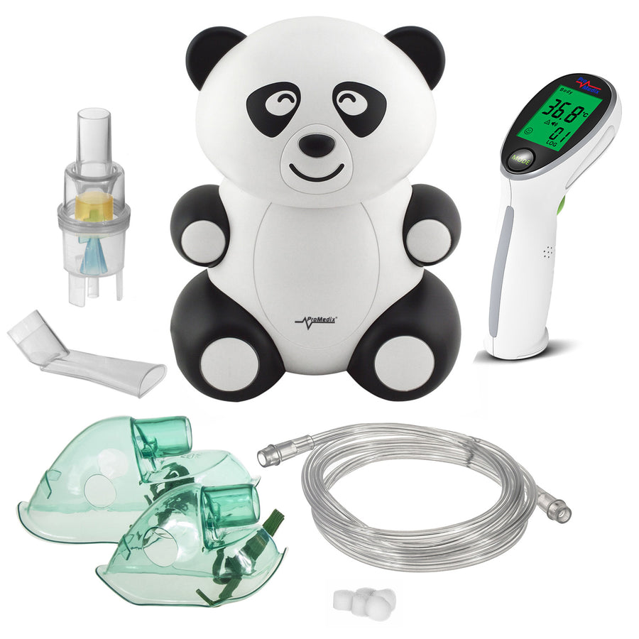 Dětský inhalátor Promedix PR-812 panda, nebulizátor, maska, sada filtrů + infračervený bezkontaktní lékařský teploměr Promedix PR-960