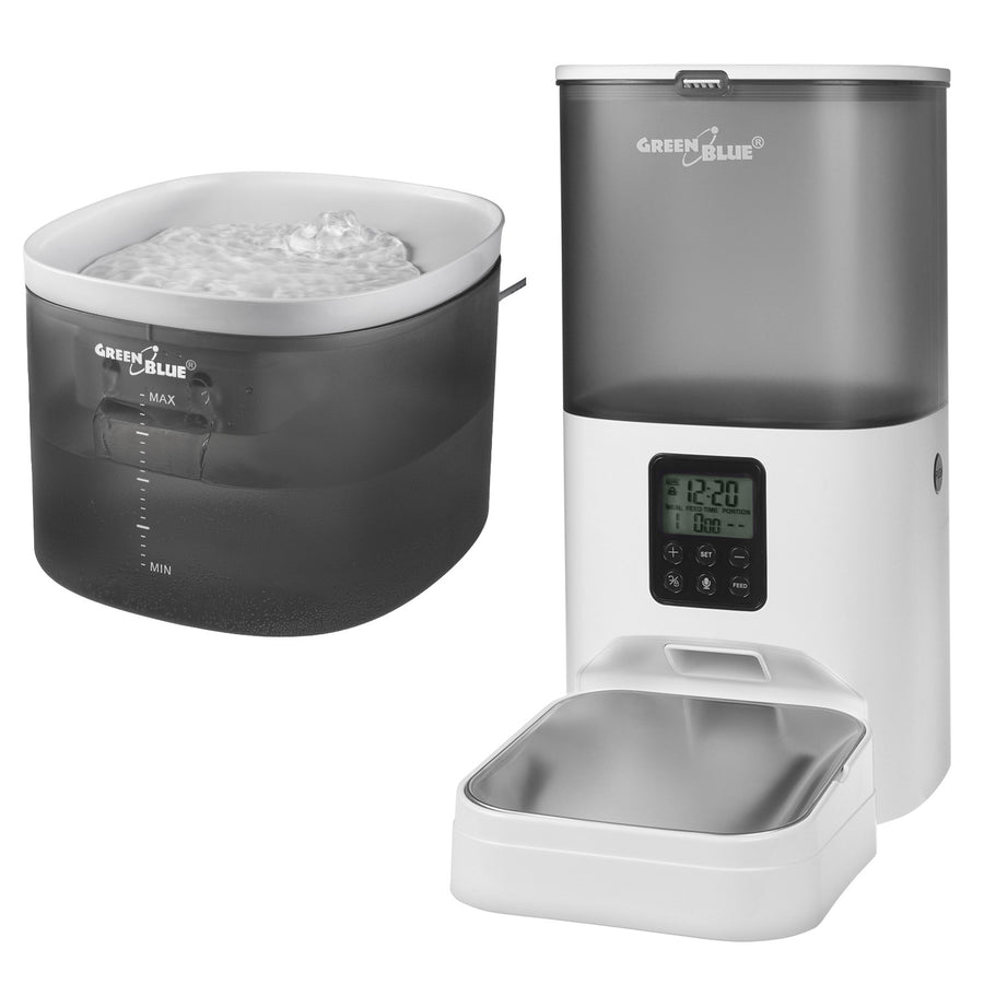 GreenBlue automatický dávkovač vody / napáječka pro zvířata, 3L, USB 5V1A, GB392 + GreenBlue automatický dávkovač krmiva pro zvířata, 6L, USB 5V1A, GB393
