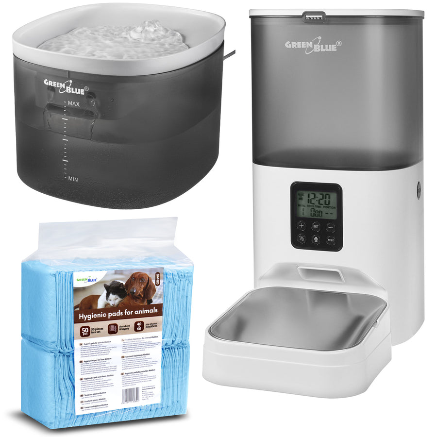 GreenBlue GB392 automatický dávkovač vody / napáječka pro zvířata + GreenBlue GB393 automatický dávkovač krmiva pro zvířata + 60x40cm, 50ks podložka, GB495