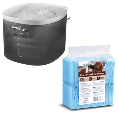 GreenBlue automatický dávkovač vody / napáječka pro domácí mazlíčky, 3 l, USB 5V1A, GB392 + GreenBlue hygienické podložky pro psy/kočky, pro výcvik čůrání domácích mazlíčků, 60x40cm, 50ks, GB495