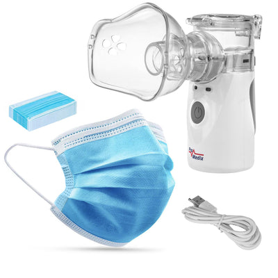Promedix přenosný / ruční bezdrátový inhalátor, sada, masky, PR-835 + 2x lékařské masky CE EN 14683:2019 - sada - modrá barva 10 kusů Promedix PR-280 BFE>98%