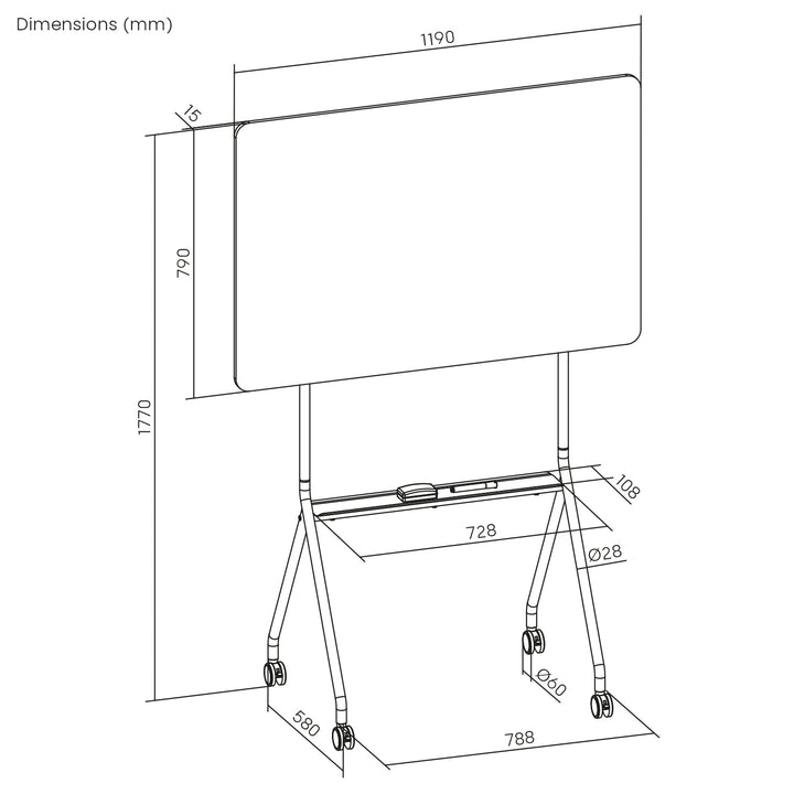 Mobilní tabule Ergo Office se suchým stíráním, horizontální orientace, bílá, jednostranná, s policí, rozměry tabule 1190x790 mm, ER-306