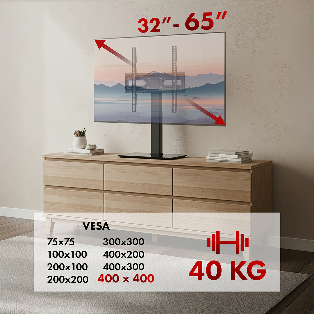 Univerzální TV stojan Maclean, pro RTV skříňku, stojan, max. 40 kg, max. VESA 400x400, nastavení výšky a úhlu, pro televizory 32-65", MC-1240