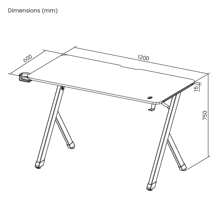 Herní stůl NanoRS, černý, s držákem na sluchátka a hrnek, podsvícení RGB, max. 75 kg, rozměry 1200x600x750 mm, RS102