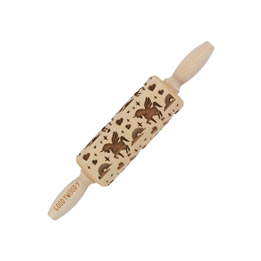 Gravírovaný váleček na dort Goody Woody, 23,5 cm, bukové dřevo, design jednorožce
