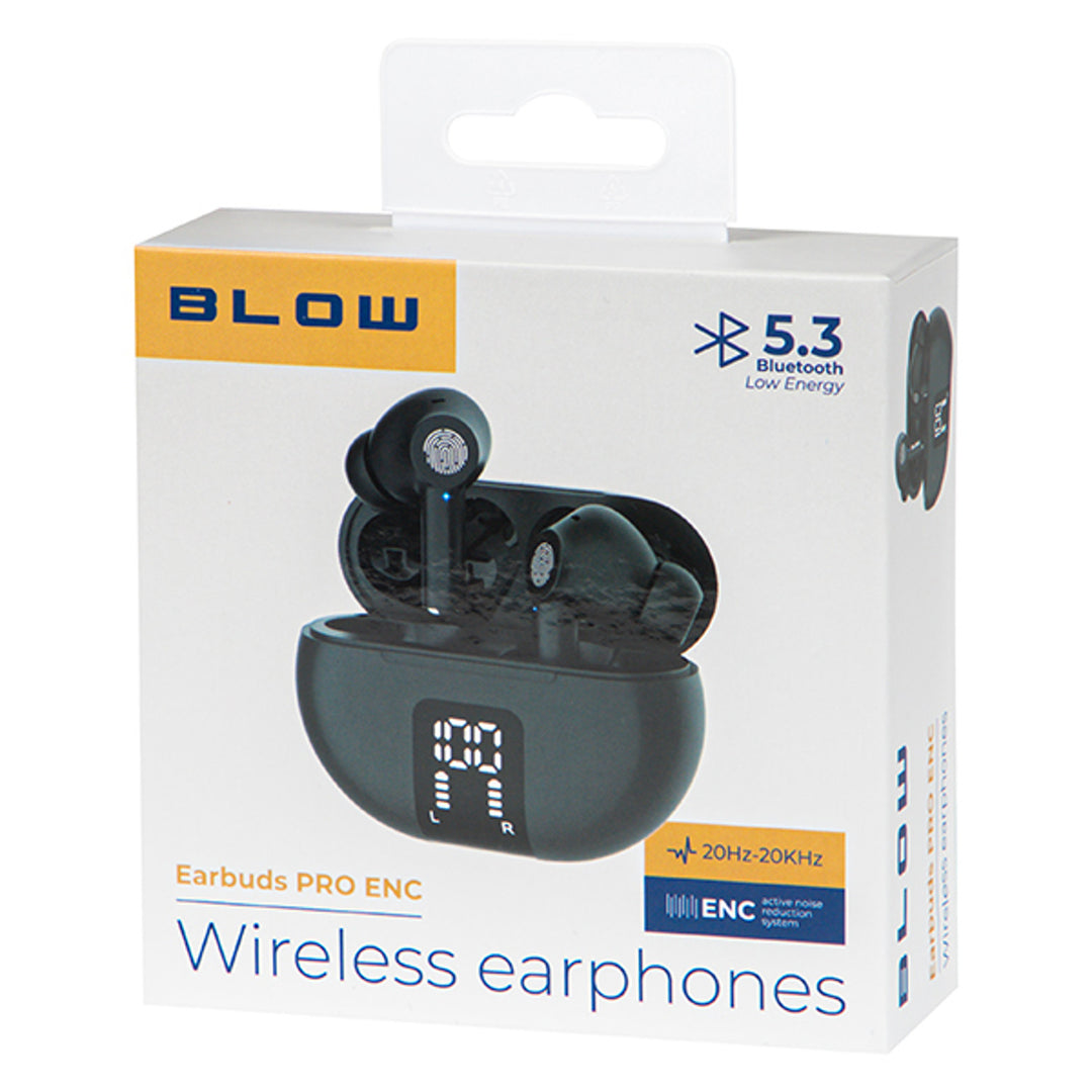 Bezdrátová sluchátka BLOW, Bluetooth 5.3, LED displej, systém ENC, PRO ENC BLACK