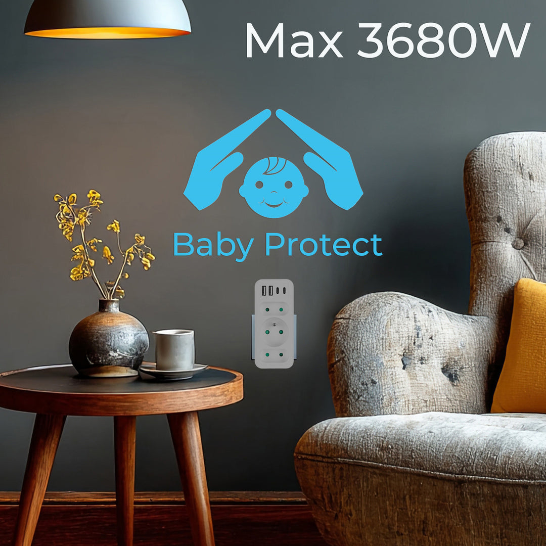 Proudová zásuvka x3 + 4xUSB Maclean, 3-zásuvkový rozdělovač, 2xUSB A, 2xUSB C PD 20W, 1x16A + 2x6A, MCE248 F/W