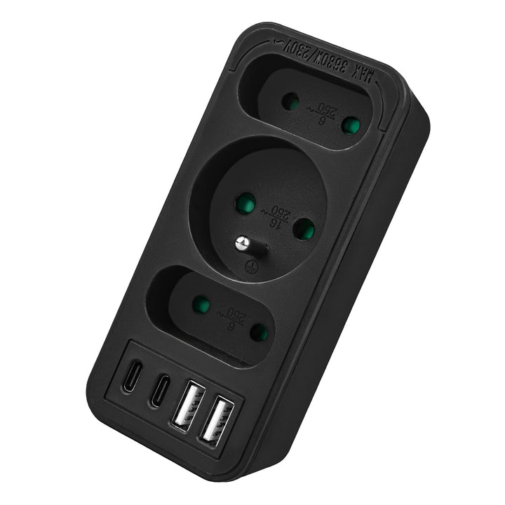 Proudová zásuvka x3 + 4xUSB Maclean, 3-zásuvkový rozdělovač, 2xUSB A, 2xUSB C PD 20W, 1x16A + 2x6A, MCE248 F/B