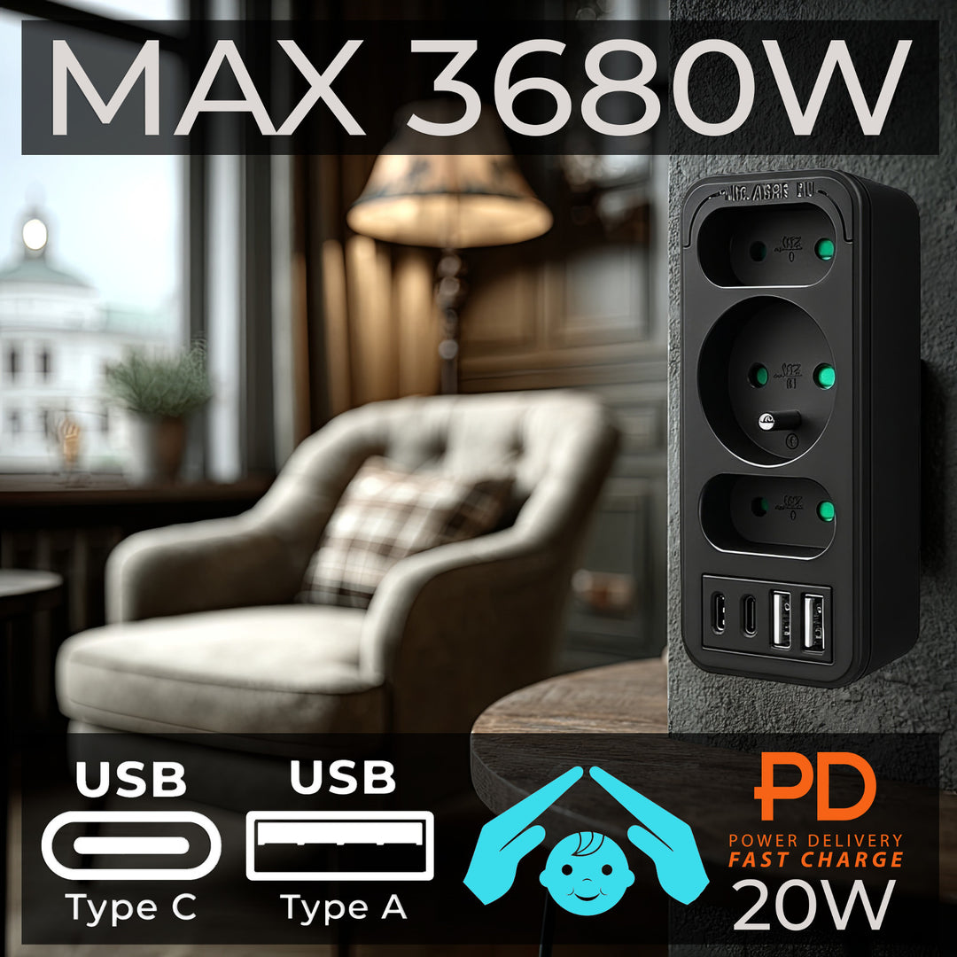 Proudová zásuvka x3 + 4xUSB Maclean, 3-zásuvkový rozdělovač, 2xUSB A, 2xUSB C PD 20W, 1x16A + 2x6A, MCE248 F/B