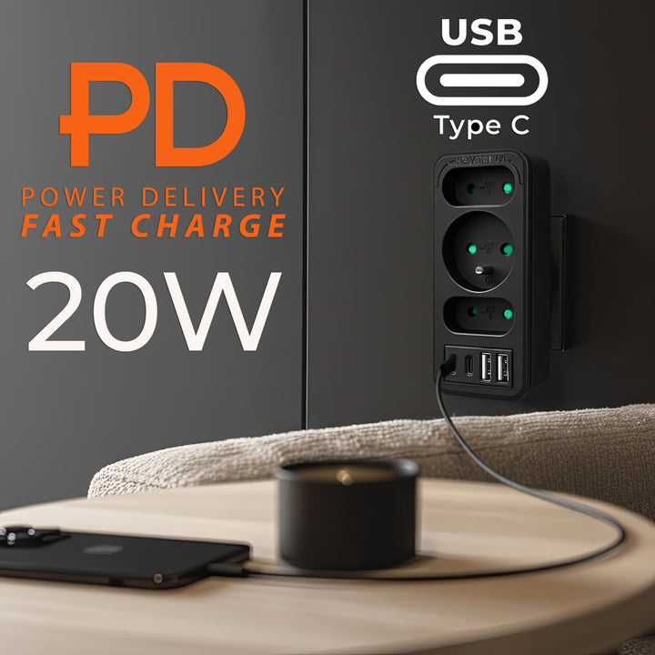 Proudová zásuvka x3 + 4xUSB Maclean, 3-zásuvkový rozdělovač, 2xUSB A, 2xUSB C PD 20W, 1x16A + 2x6A, MCE248 F/B