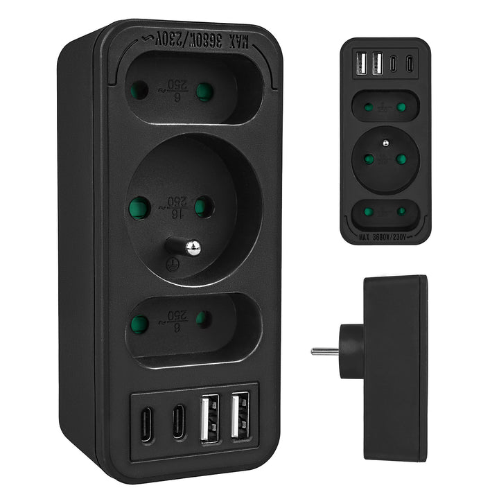 Proudová zásuvka x3 + 4xUSB Maclean, 3-zásuvkový rozdělovač, 2xUSB A, 2xUSB C PD 20W, 1x16A + 2x6A, MCE248 F/B