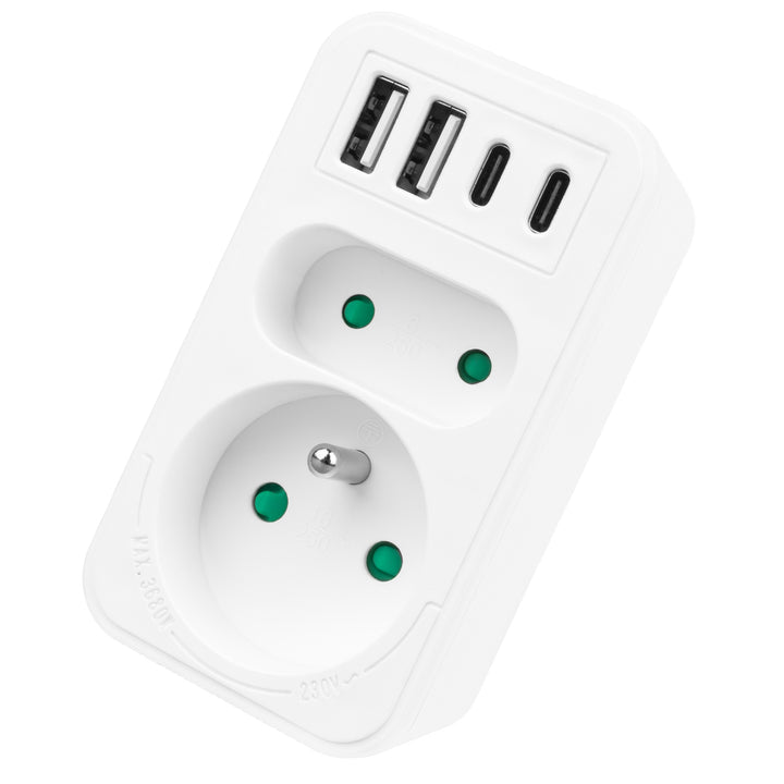Proudová zásuvka Maclean x2 + 4xUSB, rozbočovač se 2 zásuvkami, 2xUSB A, 2xUSB C PD 20W, 1x16A + 1x6A, MCE249 F/W