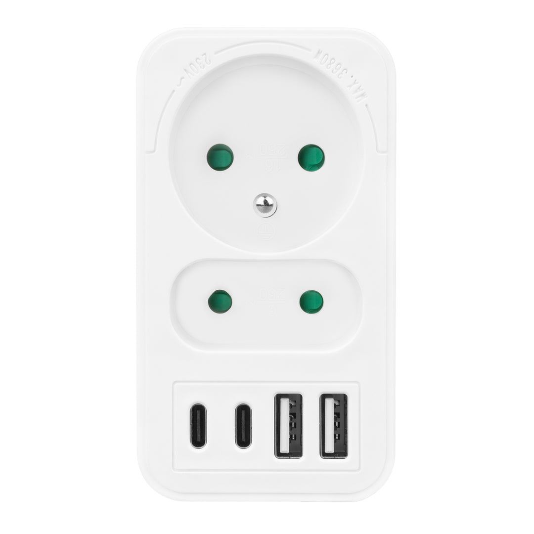 Proudová zásuvka Maclean x2 + 4xUSB, rozbočovač se 2 zásuvkami, 2xUSB A, 2xUSB C PD 20W, 1x16A + 1x6A, MCE249 F/W