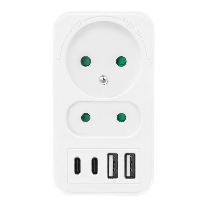 Proudová zásuvka Maclean x2 + 4xUSB, rozbočovač se 2 zásuvkami, 2xUSB A, 2xUSB C PD 20W, 1x16A + 1x6A, MCE249 F/W
