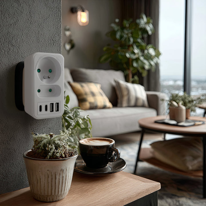 Proudová zásuvka Maclean x2 + 4xUSB, rozbočovač se 2 zásuvkami, 2xUSB A, 2xUSB C PD 20W, 1x16A + 1x6A, MCE249 F/W