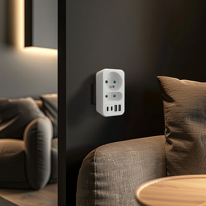 Proudová zásuvka Maclean x2 + 4xUSB, rozbočovač se 2 zásuvkami, 2xUSB A, 2xUSB C PD 20W, 1x16A + 1x6A, MCE249 F/W