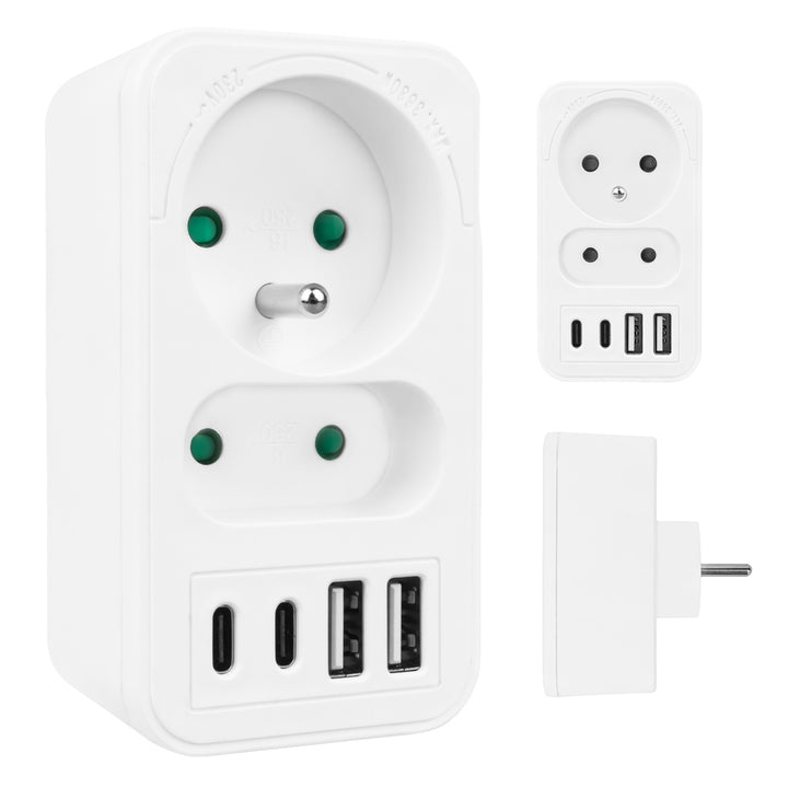 Proudová zásuvka Maclean x2 + 4xUSB, rozbočovač se 2 zásuvkami, 2xUSB A, 2xUSB C PD 20W, 1x16A + 1x6A, MCE249 F/W