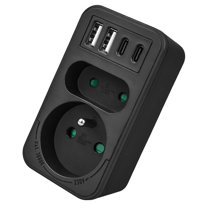 Proudová zásuvka Maclean x2 + 4xUSB, rozbočovač se 2 zásuvkami, 2xUSB A, 2xUSB C PD 20W, 1x16A + 1x6A, MCE249 F/W
