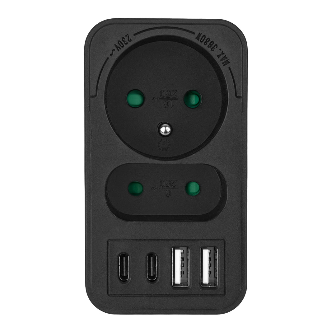 Proudová zásuvka Maclean x2 + 4xUSB, rozbočovač se 2 zásuvkami, 2xUSB A, 2xUSB C PD 20W, 1x16A + 1x6A, MCE249 F/W