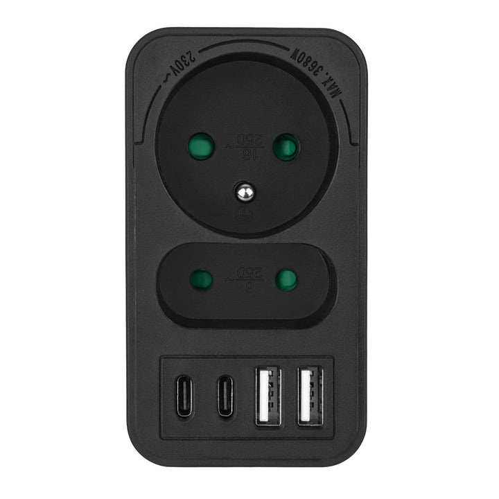 Proudová zásuvka Maclean x2 + 4xUSB, rozbočovač se 2 zásuvkami, 2xUSB A, 2xUSB C PD 20W, 1x16A + 1x6A, MCE249 F/W