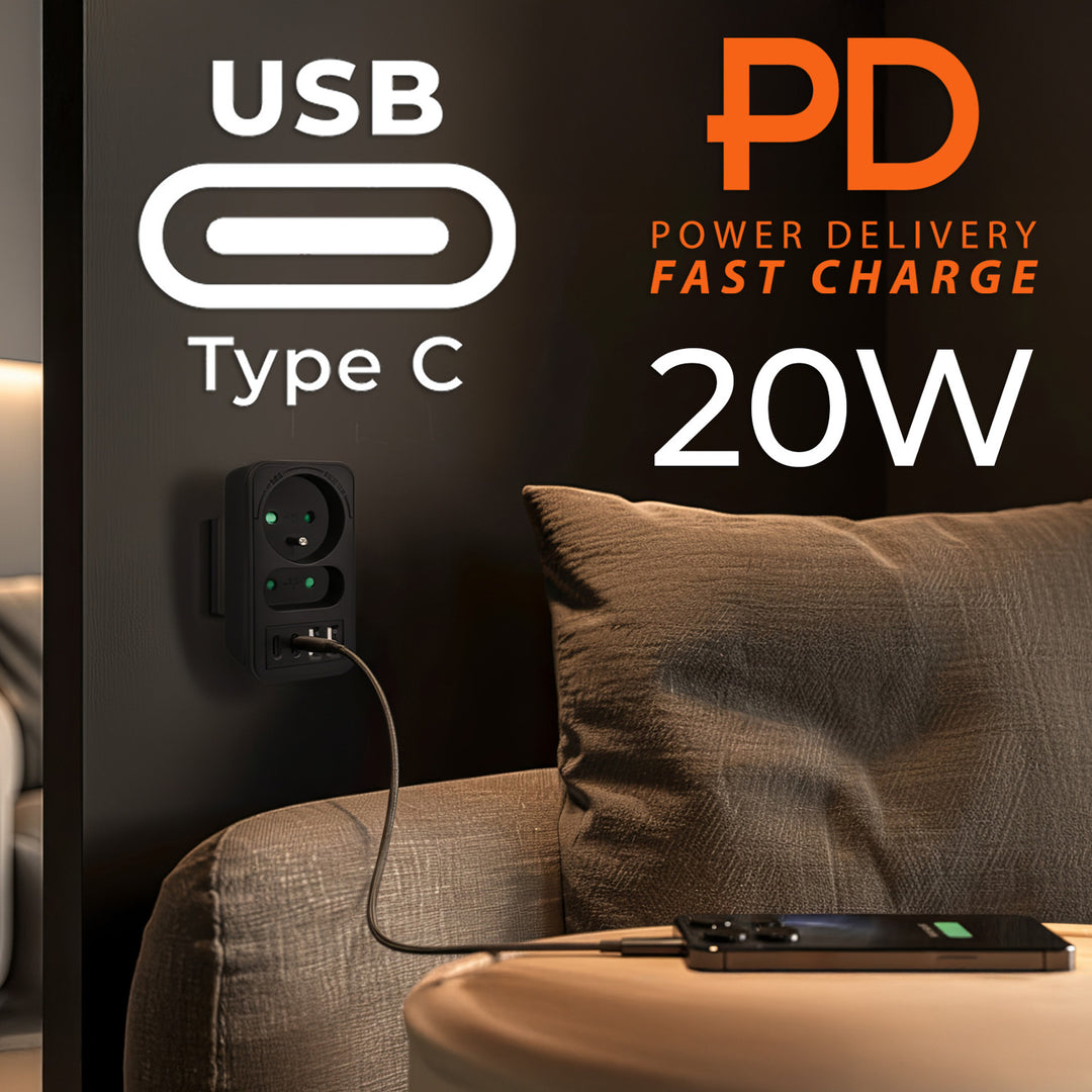 Proudová zásuvka Maclean x2 + 4xUSB, rozbočovač se 2 zásuvkami, 2xUSB A, 2xUSB C PD 20W, 1x16A + 1x6A, MCE249 F/W