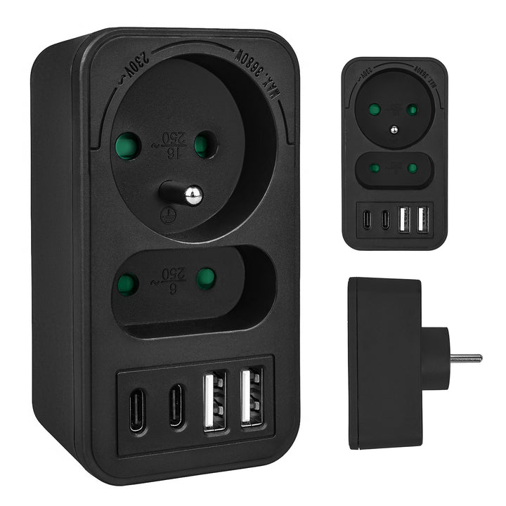 Proudová zásuvka Maclean x2 + 4xUSB, rozbočovač se 2 zásuvkami, 2xUSB A, 2xUSB C PD 20W, 1x16A + 1x6A, MCE249 F/W