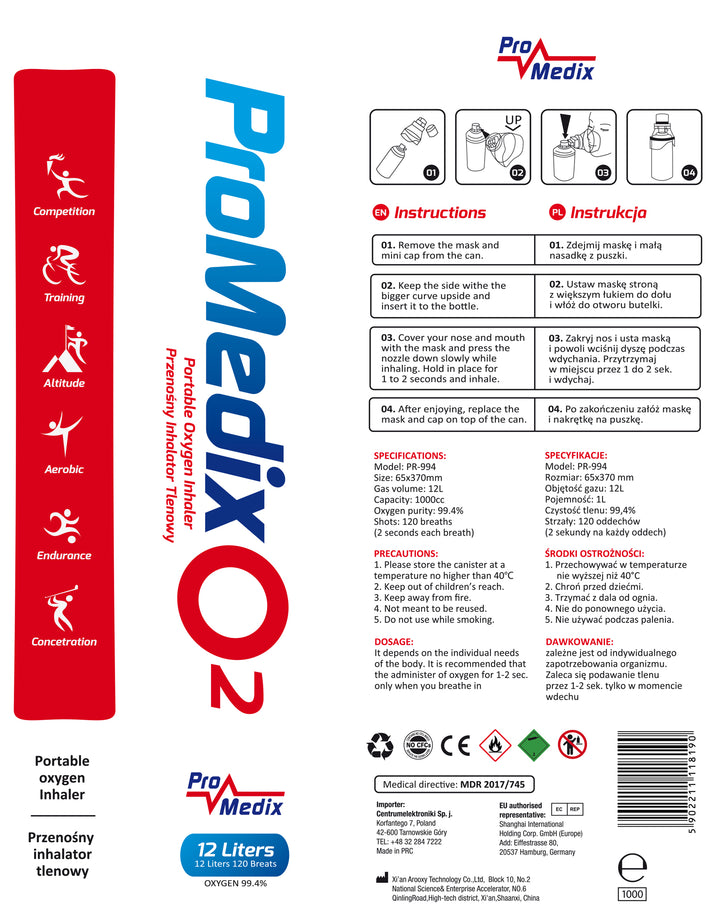 Přenosný 99,4% inhalátor kyslíku v plechovce Promedix 12L, PR-994, 10 kusů