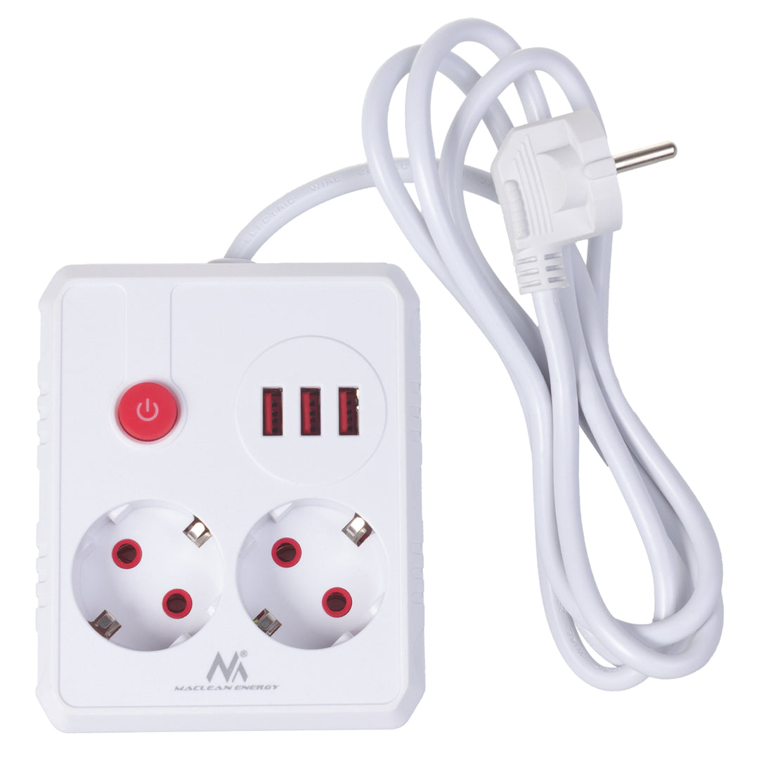 Napájecí lišta Maclean, prodlužovací kabel 2 zásuvky + 3xUSB, 110-240V AC 50/60Hz, 2,1A max. 2500W, 1,5m, bílá, MCE387 W