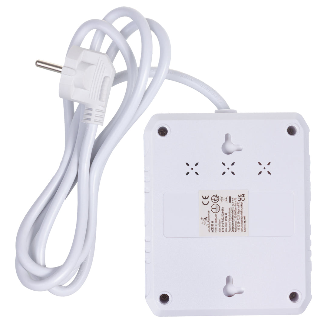 Napájecí lišta Maclean, prodlužovací kabel 2 zásuvky + 3xUSB, 110-240V AC 50/60Hz, 2,1A max. 2500W, 1,5m, bílá, MCE387 W