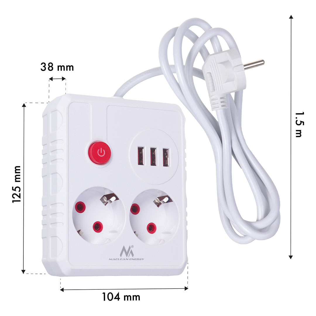 Napájecí lišta Maclean, prodlužovací kabel 2 zásuvky + 3xUSB, 110-240V AC 50/60Hz, 2,1A max. 2500W, 1,5m, bílá, MCE387 W