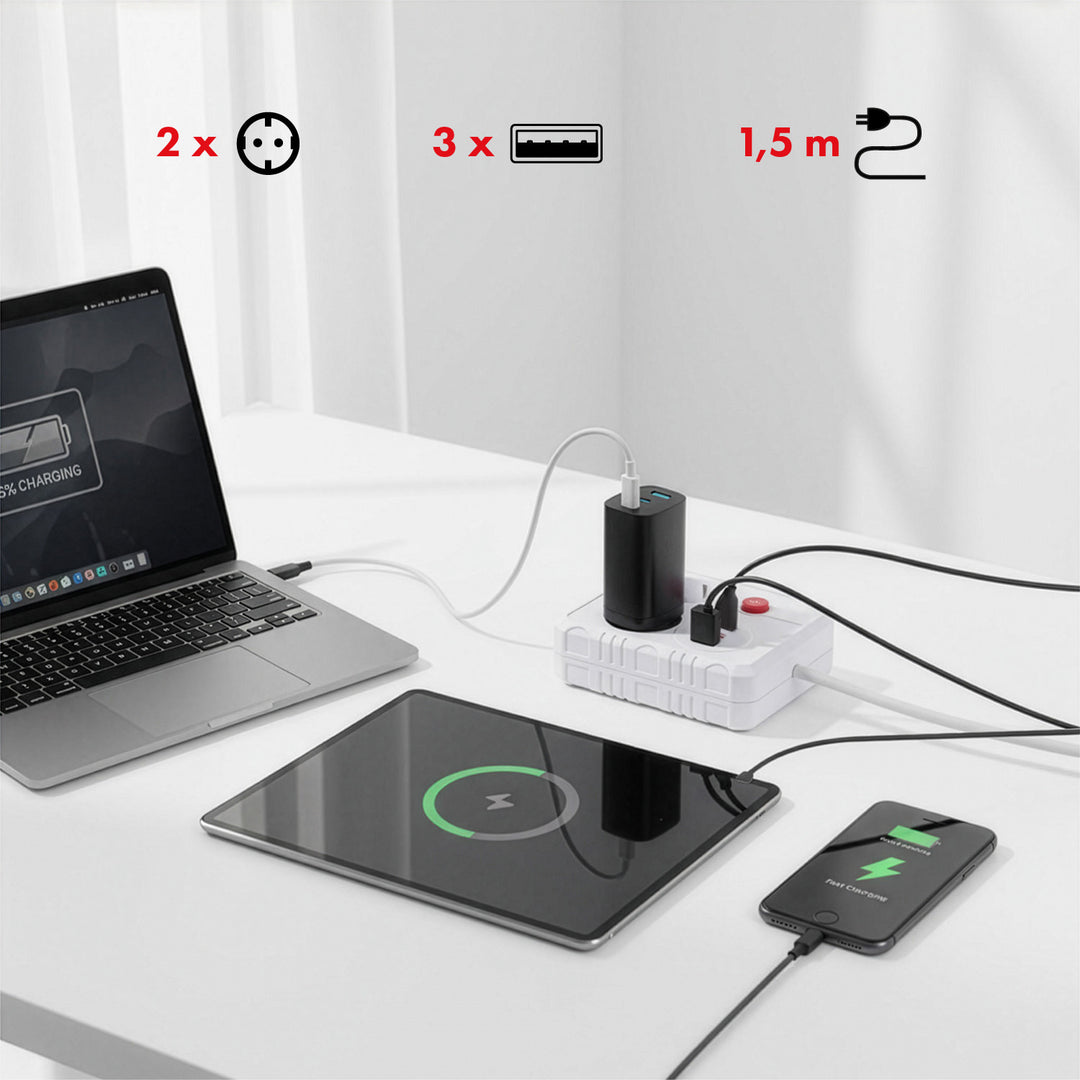 Napájecí lišta Maclean, prodlužovací kabel 2 zásuvky + 3xUSB, 110-240V AC 50/60Hz, 2,1A max. 2500W, 1,5m, bílá, MCE387 W