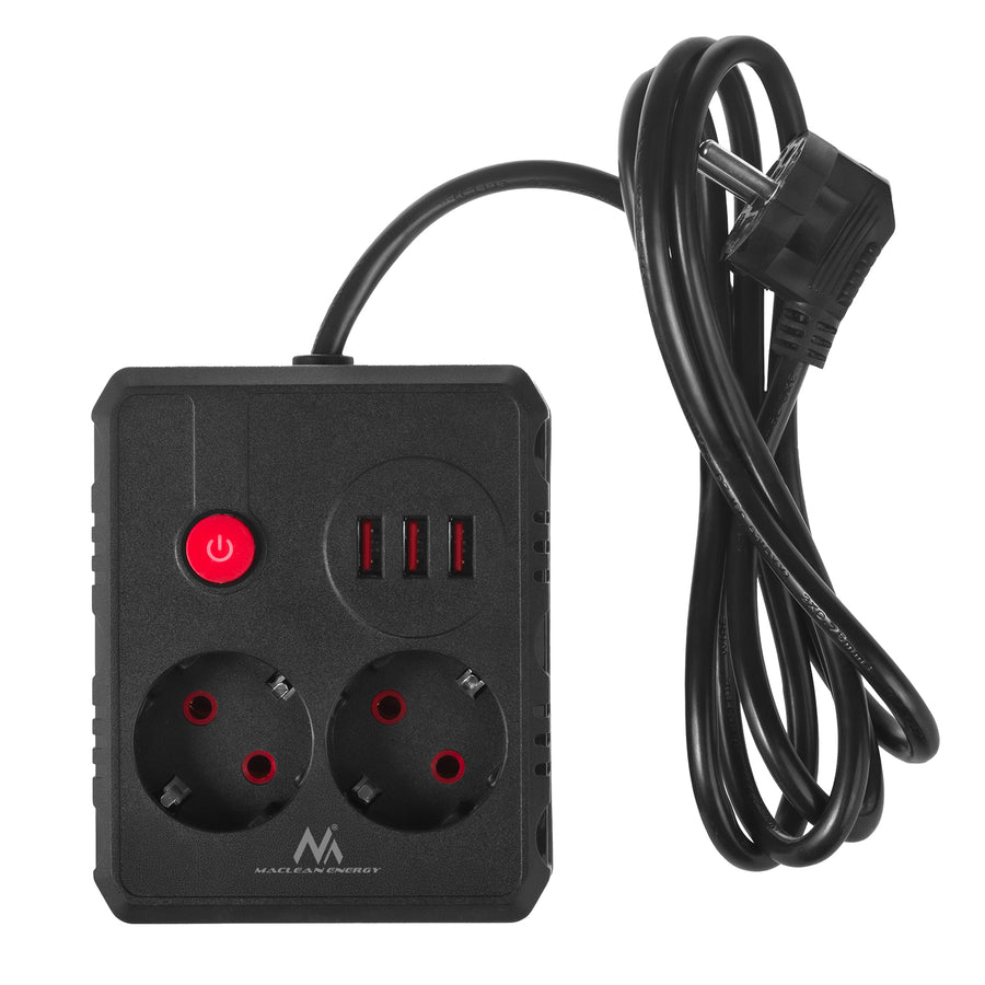 Napájecí lišta Maclean, prodlužovací kabel se 2 zásuvkami + 3xUSB, 110-240V AC 50/60Hz, 2,1A max. 2500W, 1,5 m, černá, MCE387 B