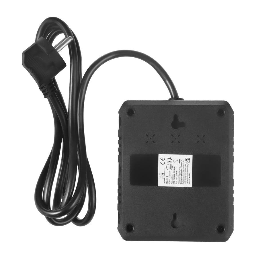 Napájecí lišta Maclean, prodlužovací kabel se 2 zásuvkami + 3xUSB, 110-240V AC 50/60Hz, 2,1A max. 2500W, 1,5 m, černá, MCE387 B