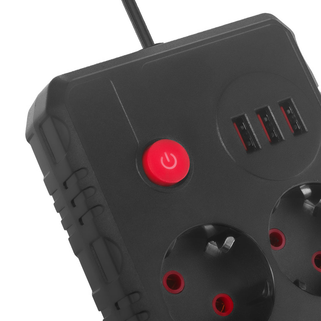 Napájecí lišta Maclean, prodlužovací kabel se 2 zásuvkami + 3xUSB, 110-240V AC 50/60Hz, 2,1A max. 2500W, 1,5 m, černá, MCE387 B