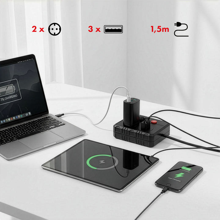 Napájecí lišta Maclean, prodlužovací kabel se 2 zásuvkami + 3xUSB, 110-240V AC 50/60Hz, 2,1A max. 2500W, 1,5 m, černá, MCE387 B