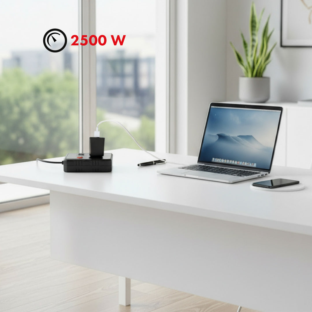 Napájecí lišta Maclean, prodlužovací kabel se 2 zásuvkami + 3xUSB, 110-240V AC 50/60Hz, 2,1A max. 2500W, 1,5 m, černá, MCE387 B