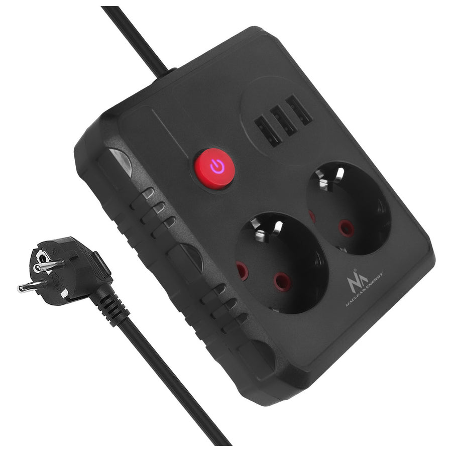 Napájecí lišta Maclean, prodlužovací kabel se 2 zásuvkami + 3xUSB, 110-240V AC 50/60Hz, 2,1A max. 2500W, 1,5 m, černá, MCE387 B
