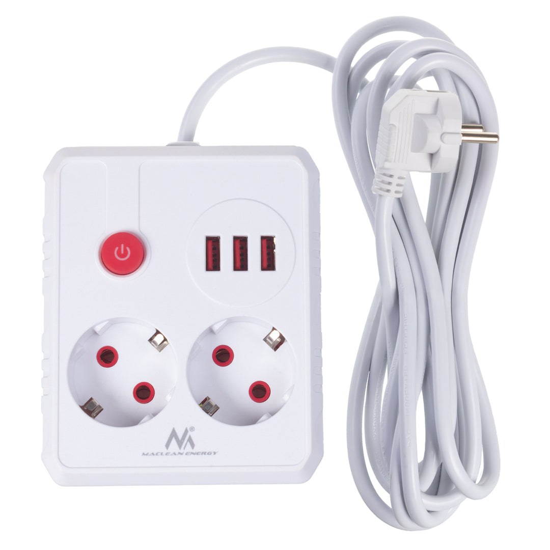 Napájecí lišta Maclean, prodlužovací kabel 2 zásuvky + 3xUSB, 110-240V AC 50/60Hz, 2,1A max. 2500W, 3 m, bílá, MCE388 W