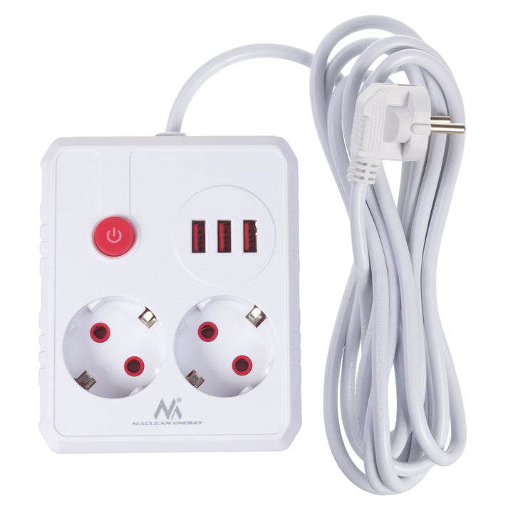 Napájecí lišta Maclean, prodlužovací kabel 2 zásuvky + 3xUSB, 110-240V AC 50/60Hz, 2,1A max. 2500W, 3 m, bílá, MCE388 W