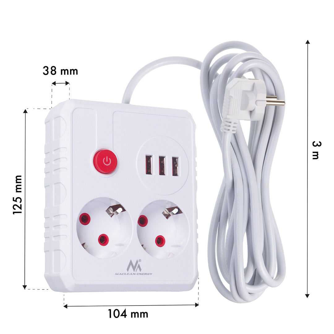 Napájecí lišta Maclean, prodlužovací kabel 2 zásuvky + 3xUSB, 110-240V AC 50/60Hz, 2,1A max. 2500W, 3 m, bílá, MCE388 W