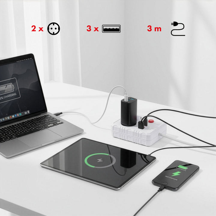 Napájecí lišta Maclean, prodlužovací kabel 2 zásuvky + 3xUSB, 110-240V AC 50/60Hz, 2,1A max. 2500W, 3 m, bílá, MCE388 W