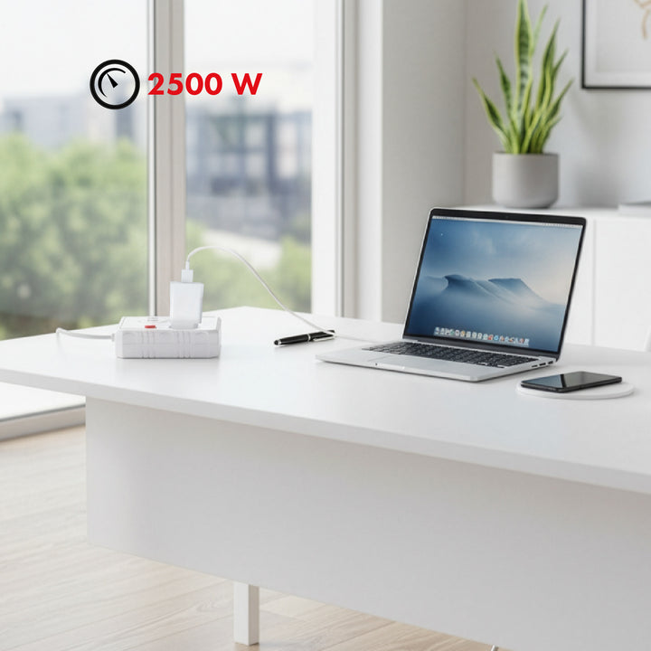 Napájecí lišta Maclean, prodlužovací kabel 2 zásuvky + 3xUSB, 110-240V AC 50/60Hz, 2,1A max. 2500W, 3 m, bílá, MCE388 W