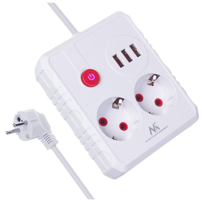 Napájecí lišta Maclean, prodlužovací kabel 2 zásuvky + 3xUSB, 110-240V AC 50/60Hz, 2,1A max. 2500W, 3 m, bílá, MCE388 W