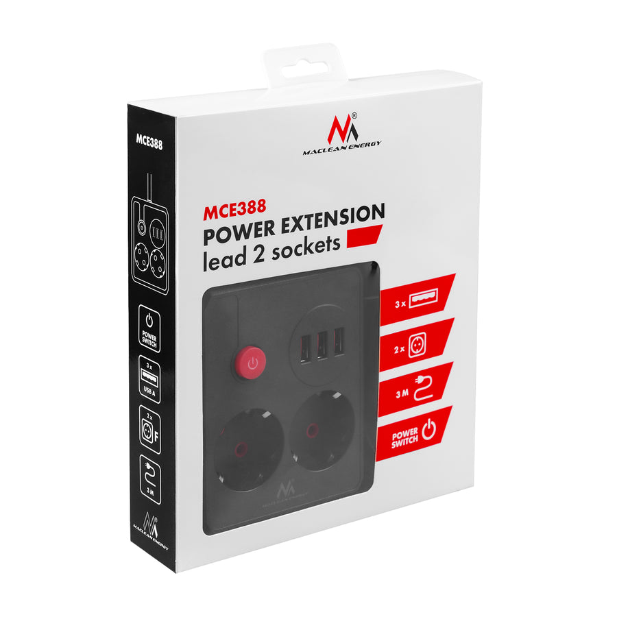Napájecí lišta Maclean, prodlužovací kabel 2 zásuvky + 3xUSB, 110-240V AC 50/60Hz, 2,1A max. 2500W, 3 m, černá, MCE388 B