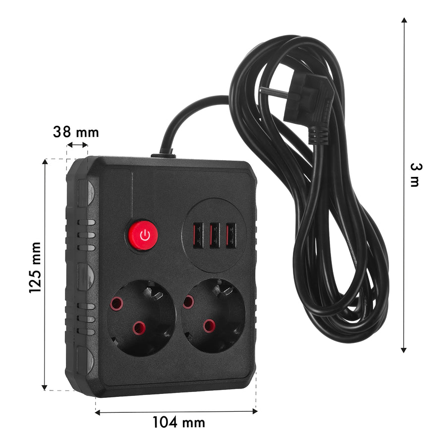 Napájecí lišta Maclean, prodlužovací kabel 2 zásuvky + 3xUSB, 110-240V AC 50/60Hz, 2,1A max. 2500W, 3 m, černá, MCE388 B