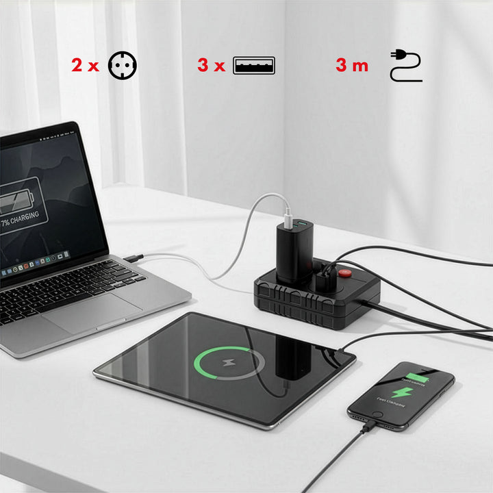 Napájecí lišta Maclean, prodlužovací kabel 2 zásuvky + 3xUSB, 110-240V AC 50/60Hz, 2,1A max. 2500W, 3 m, černá, MCE388 B