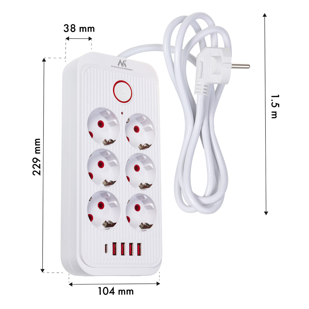 Napájecí lišta Maclean, 6zásuvkový prodlužovací kabel + 4xUSB, 110-240V AC 50/60Hz, 2,1A max. 2500W, 1,5 m, bílá, MCE389 W